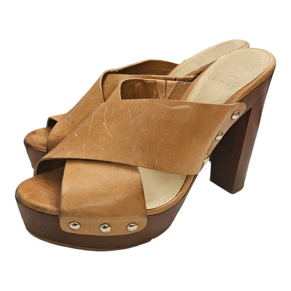 Vince Camuto Tan Leather Platform Heel Mules Size 9 - Picture 4 of 14